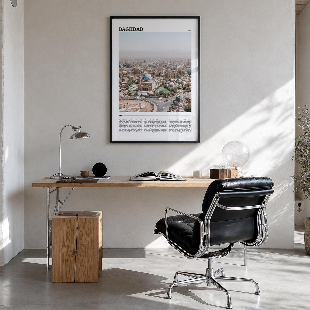 Baghdad no. 1 colorful travel poster of Iraq – vertical wall art in black wood frame, hanging on wall