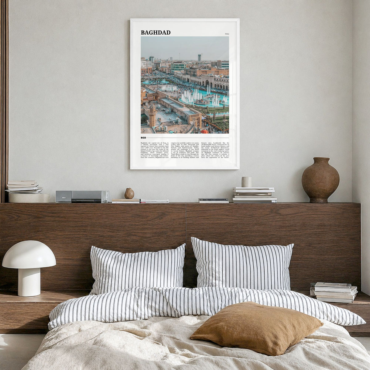 Baghdad Travel No 2 Poster in a white wood frame, hanging in a bedroom