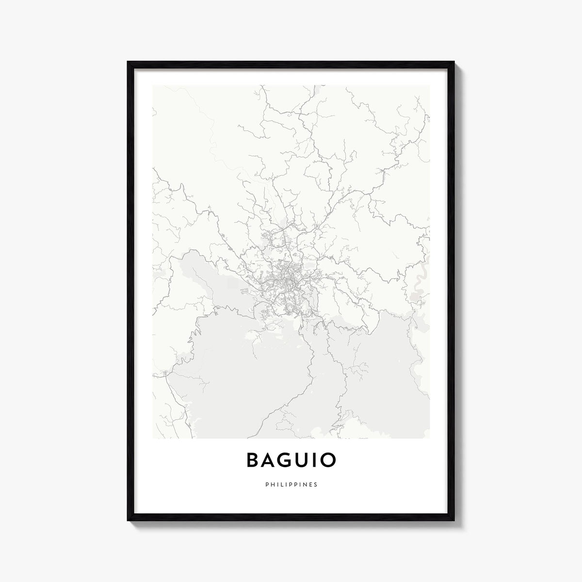 Baguio black & white map poster of Philippines – vertical wall art, unframed print shown in interior mockup