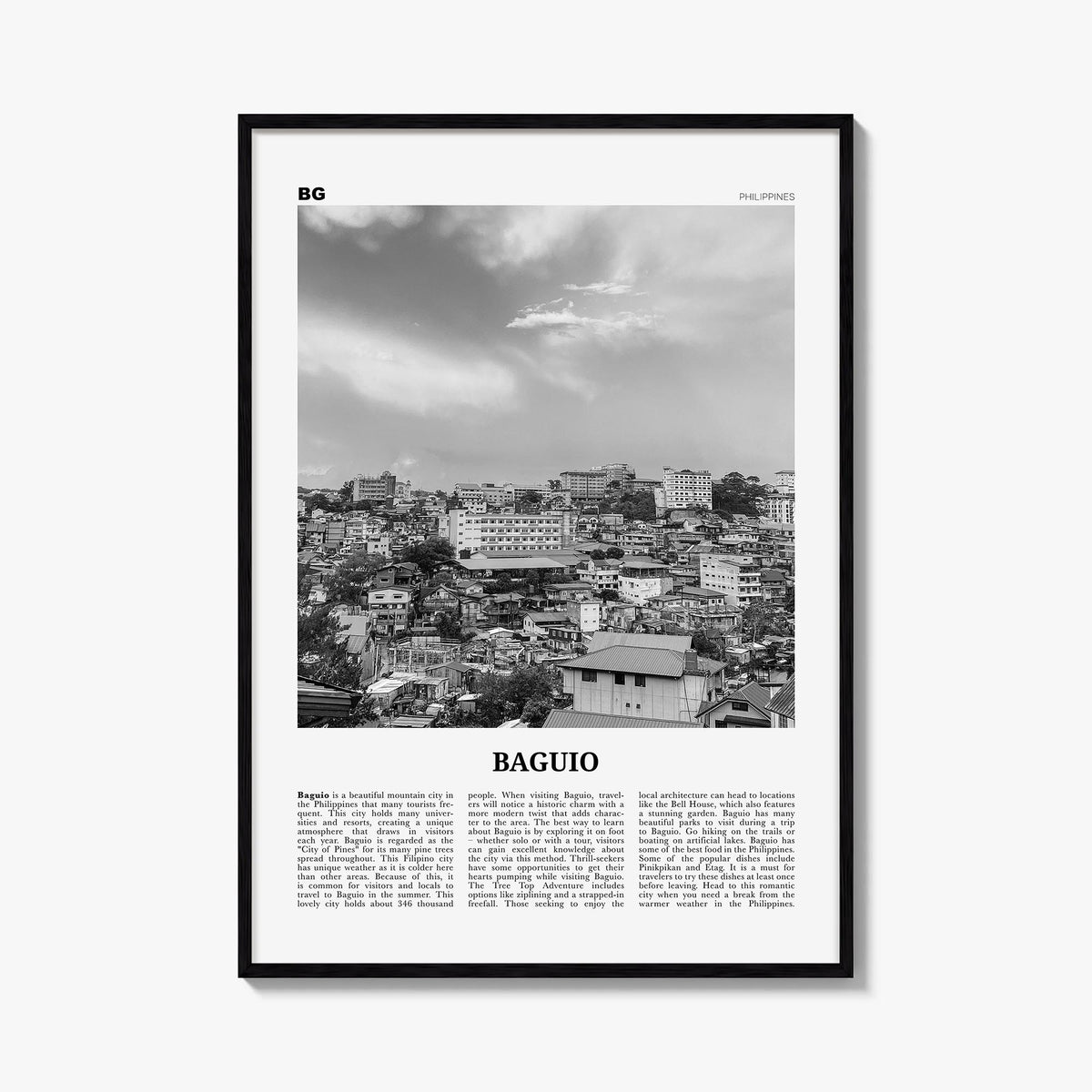 Baguio black & white newspaper poster of Philippines – vertical wall art, unframed print shown in interior mockup