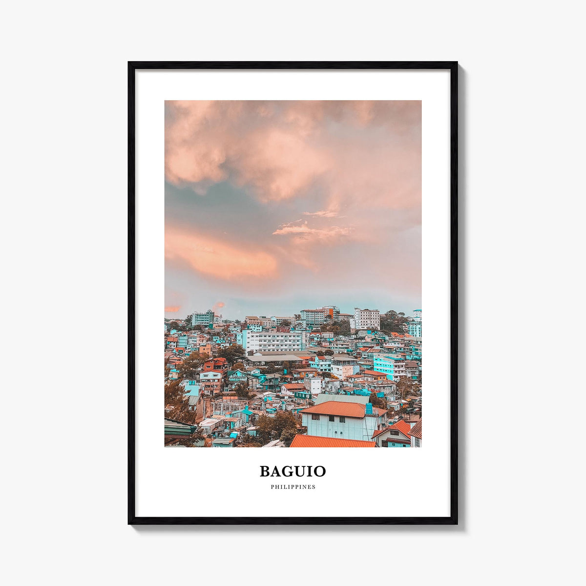Baguio colorful classic poster of Philippines – vertical wall art, unframed print shown in interior mockup