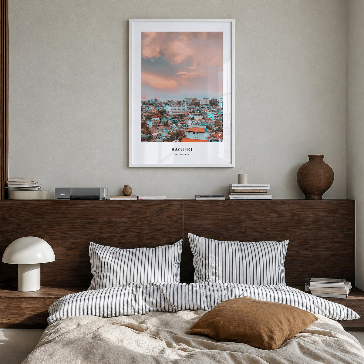 Baguio colorful classic poster of Philippines – vertical wall art in white wood frame, hanging on wall