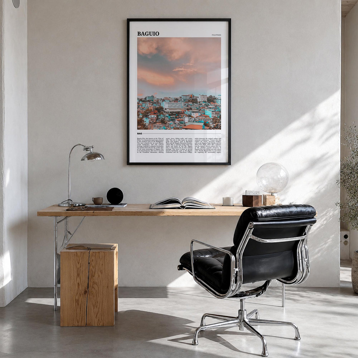 Baguio colorful travel poster of Philippines – vertical wall art in black wood frame, hanging on wall