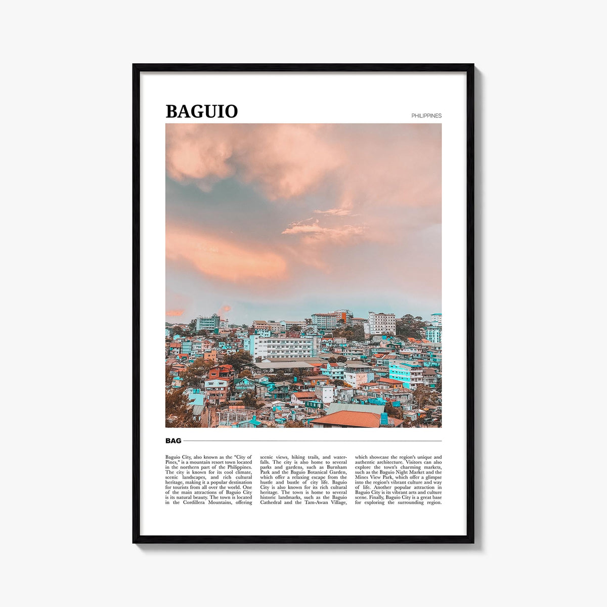 Baguio colorful travel poster of Philippines – vertical wall art, unframed print shown in interior mockup