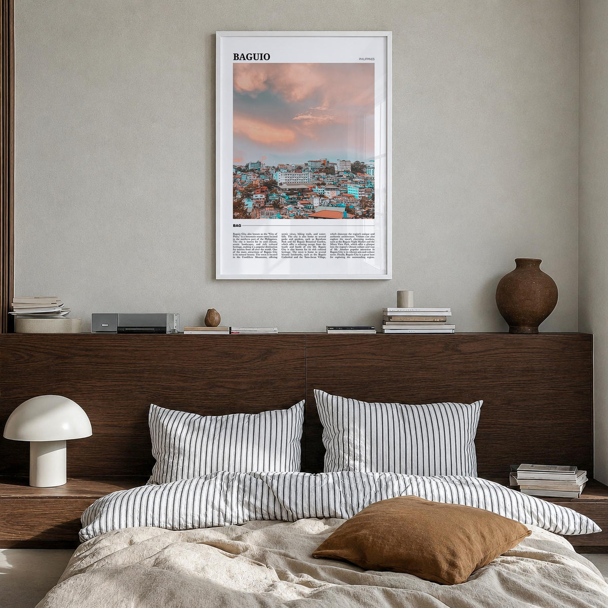 Baguio colorful travel poster of Philippines – vertical wall art in white wood frame, hanging on wall