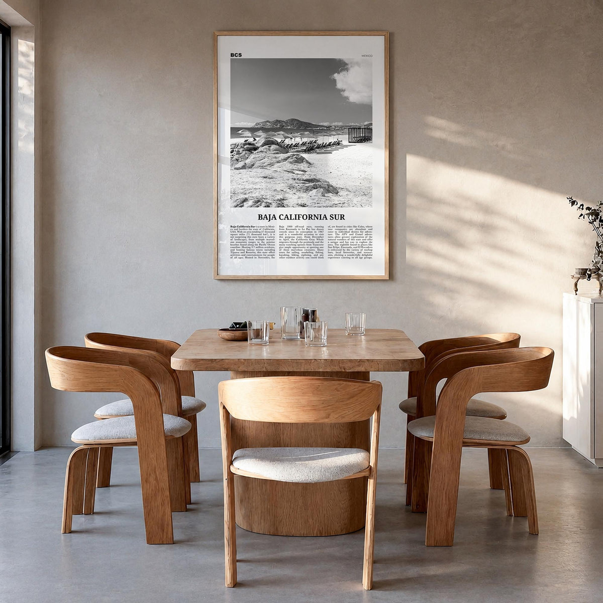 Baja California Sur black & white newspaper poster of Mexico – vertical wall art in natural wood frame, hanging on wall