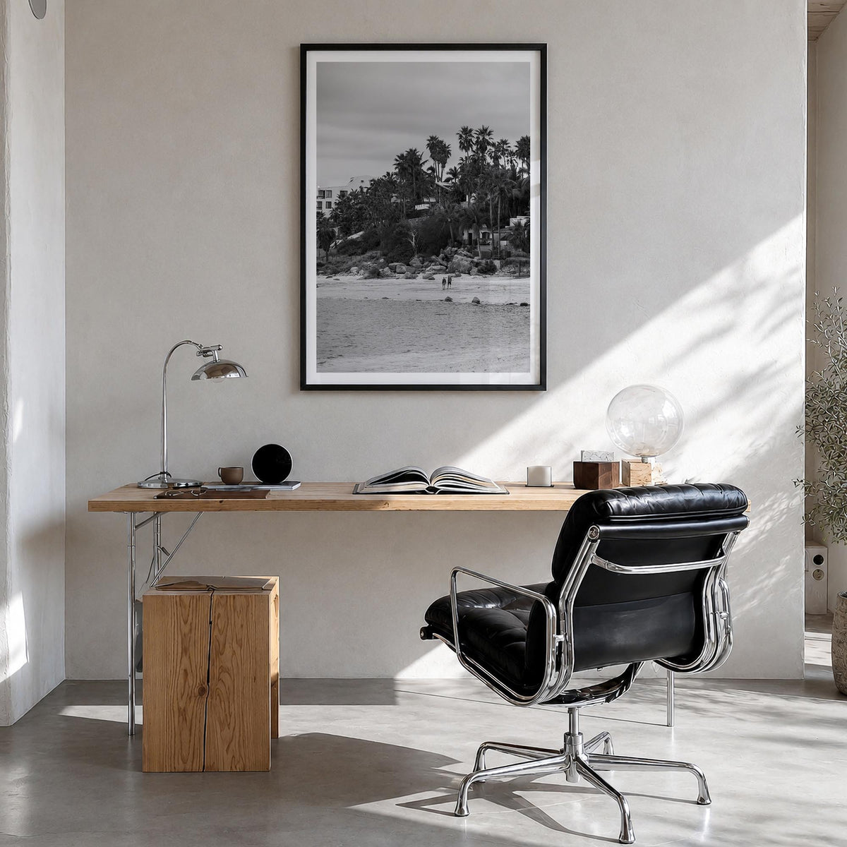 Baja California Sur black & white photo poster of Mexico – vertical wall art in black wood frame with white border, hanging o