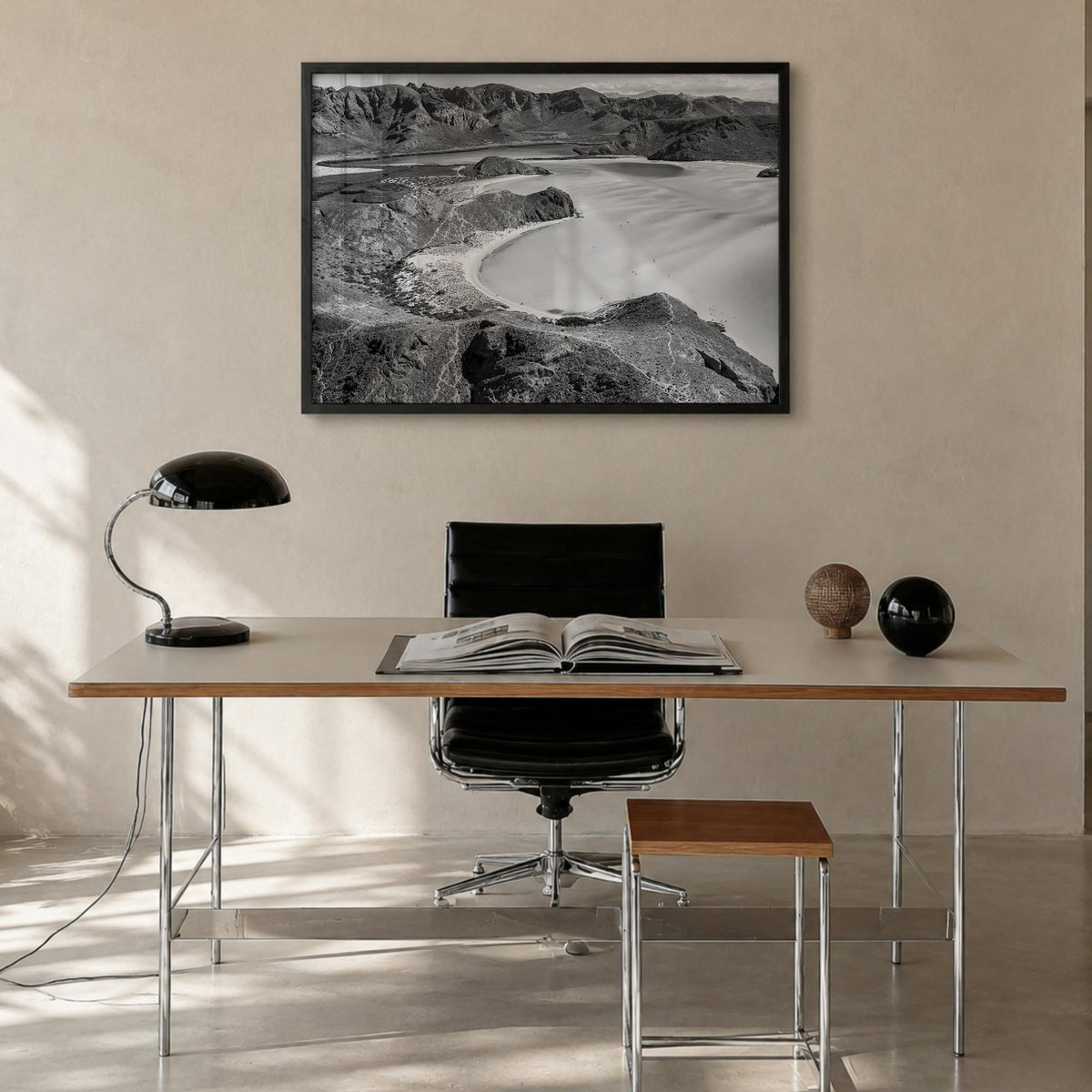 Baja California Sur black & white photo poster of Mexico – horizontal wall art in black wood frame, hanging on wall