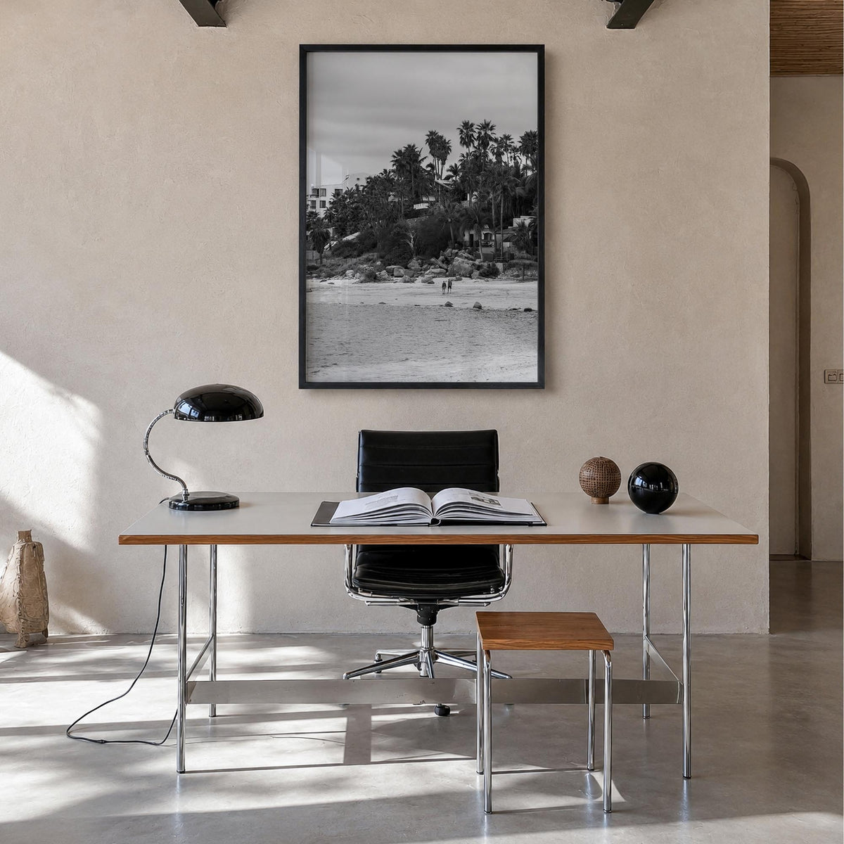 Baja California Sur black & white photo poster of Mexico – vertical wall art in black wood frame, hanging on wall