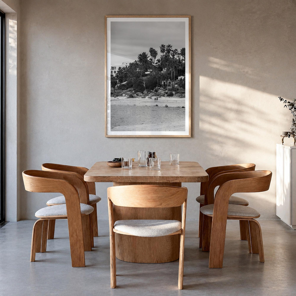 Baja California Sur black & white photo poster of Mexico – vertical wall art in natural wood frame with white border, hanging