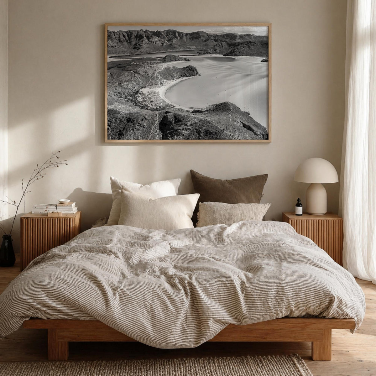Baja California Sur black & white photo poster of Mexico – horizontal wall art in natural wood frame, hanging on wall
