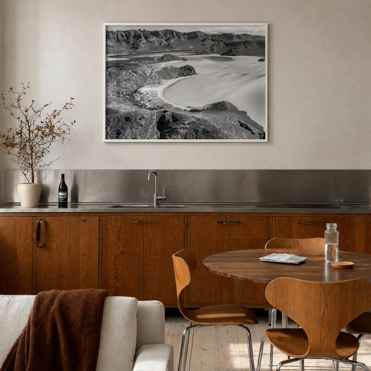Baja California Sur black & white photo poster of Mexico – horizontal wall art in white wood frame, hanging on wall