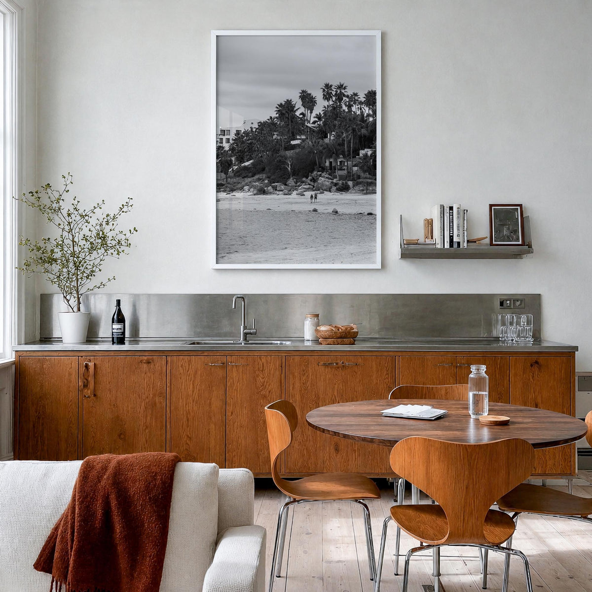 Baja California Sur black & white photo poster of Mexico – vertical wall art in white wood frame, hanging on wall