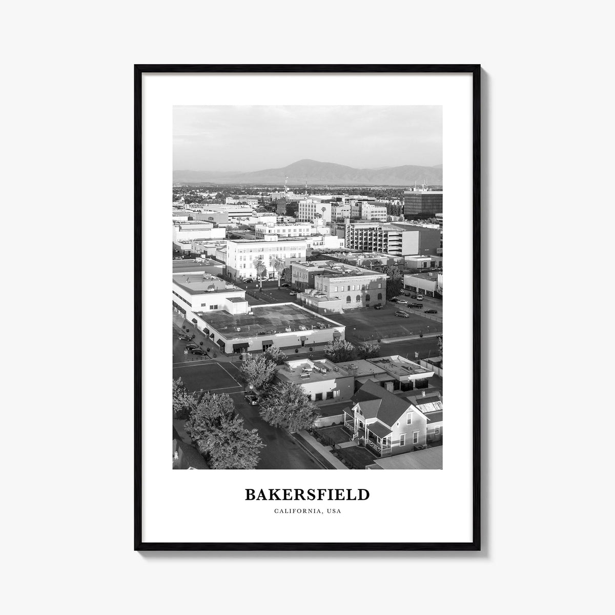 Bakersfield black & white classic poster of California, USA – vertical wall art, unframed print shown in interior mockup