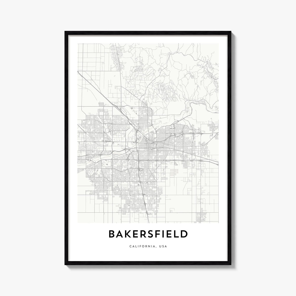 Bakersfield black & white map poster of California, USA – vertical wall art, unframed print shown in interior mockup