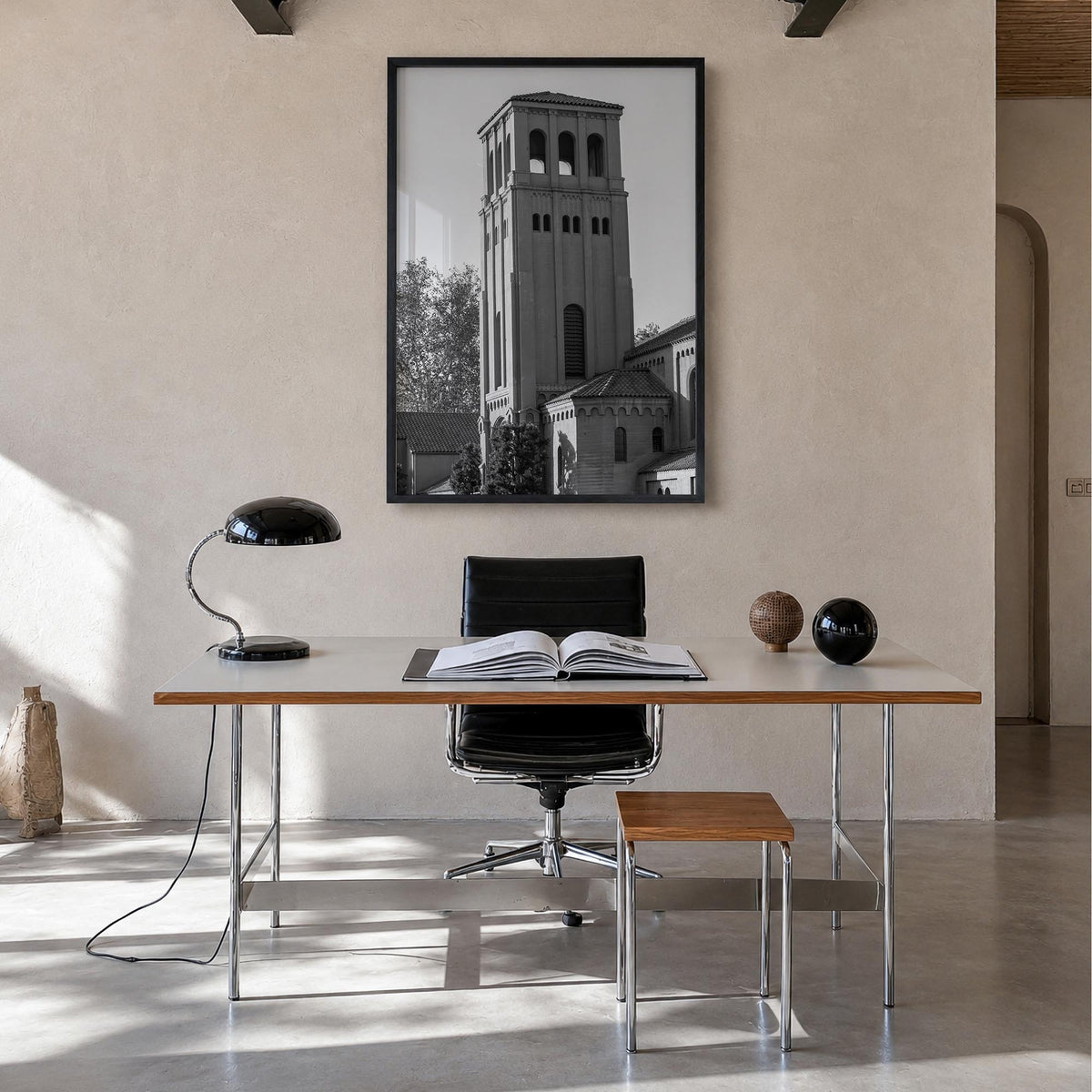 Bakersfield black & white photo poster of California, USA – vertical wall art in black wood frame, hanging on wall
