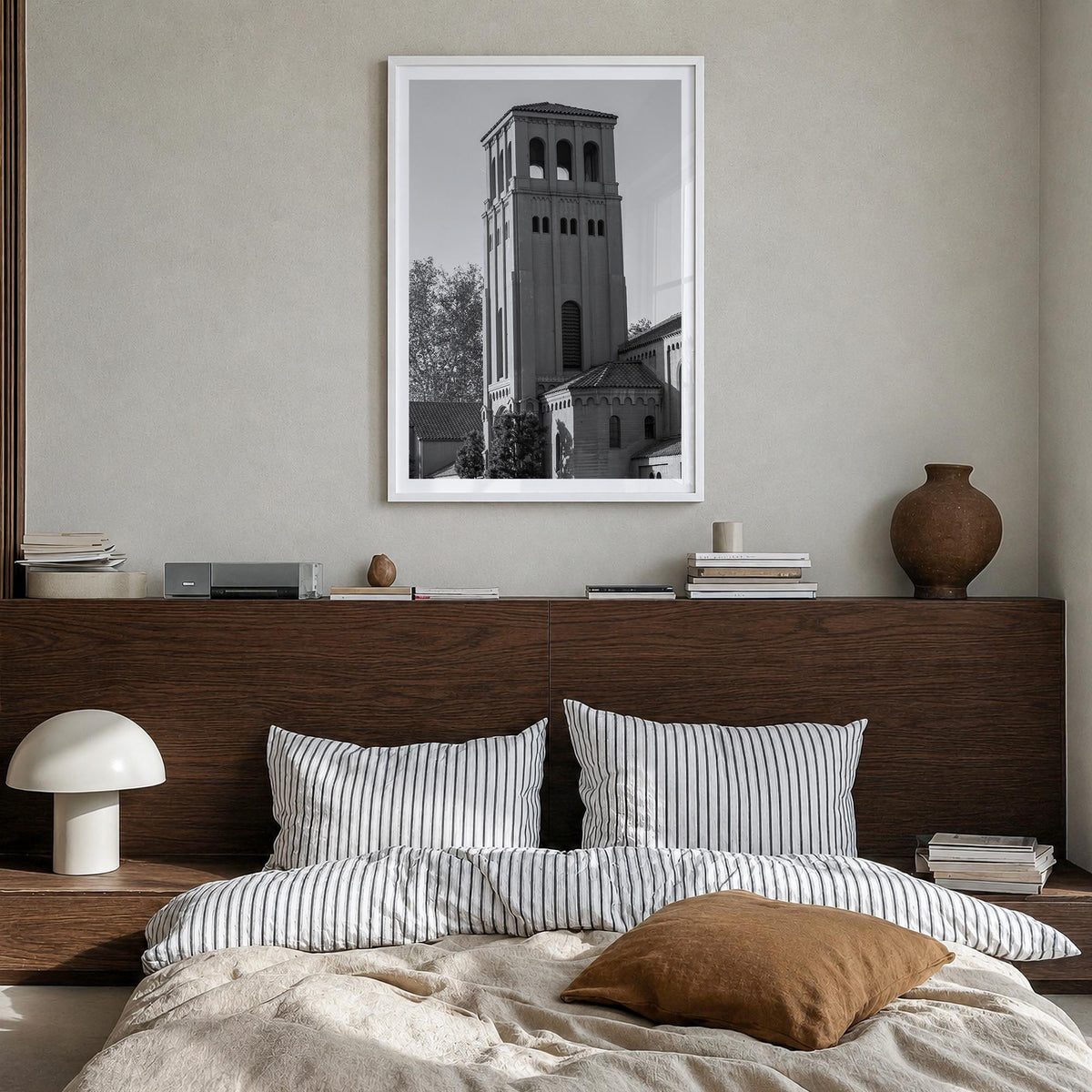 Bakersfield black & white photo poster of California, USA – vertical wall art in white wood frame with white border, hanging