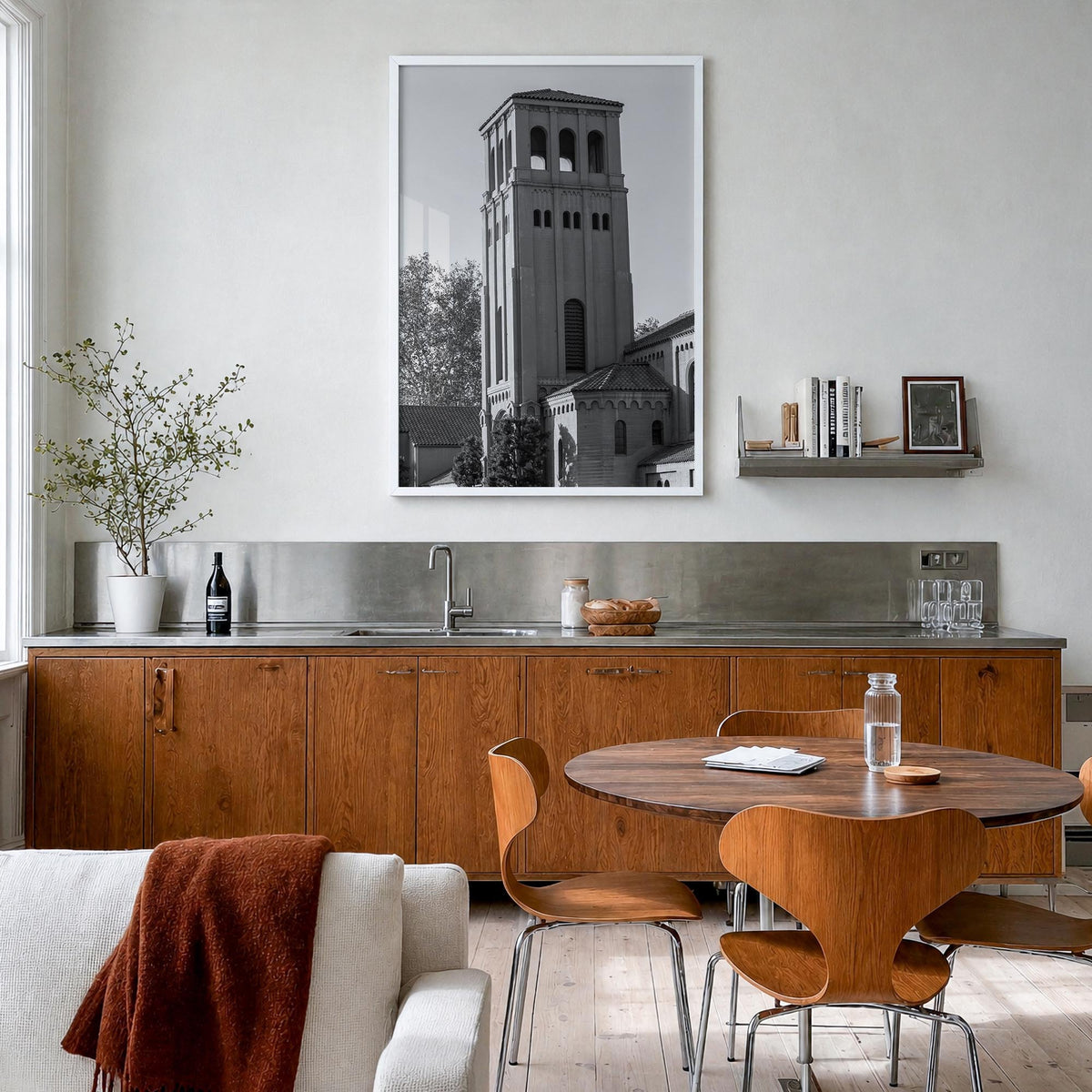 Bakersfield black & white photo poster of California, USA – vertical wall art in white wood frame, hanging on wall