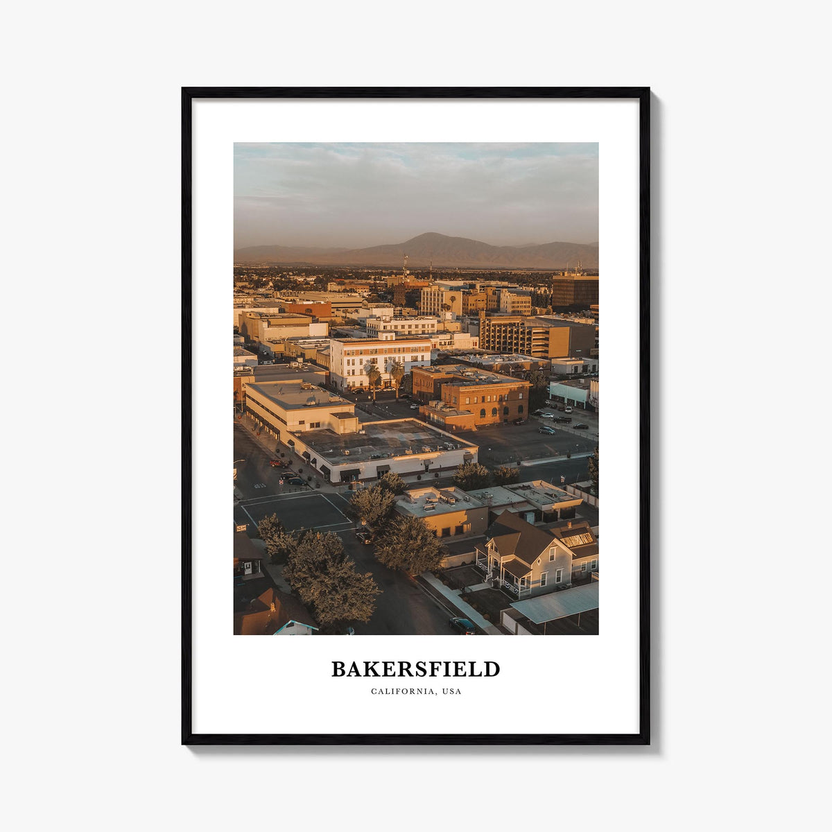 Bakersfield colorful classic poster of California, USA – vertical wall art, unframed print shown in interior mockup