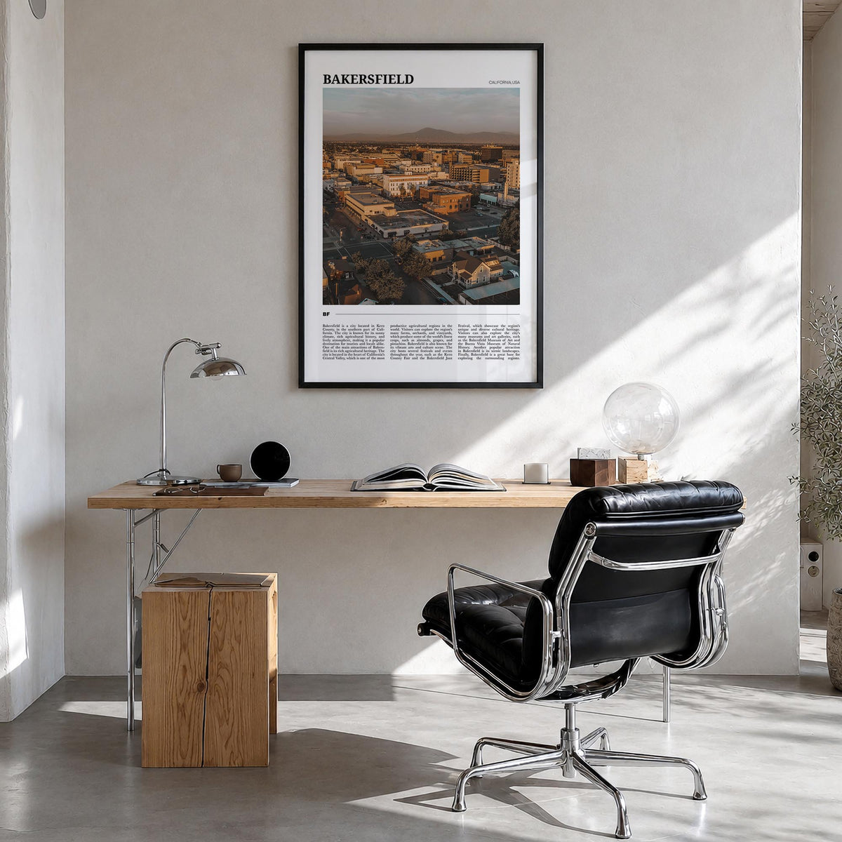 Bakersfield colorful travel poster of California, USA – vertical wall art in black wood frame, hanging on wall