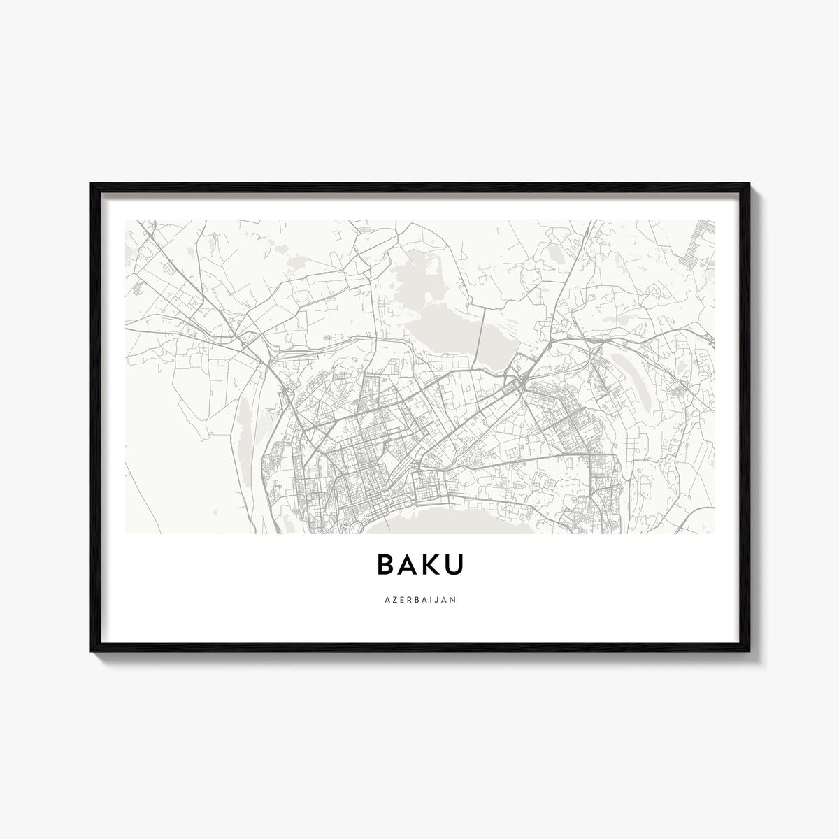Baku black & white map poster of Azerbaijan – horizontal wall art, unframed print shown in interior mockup