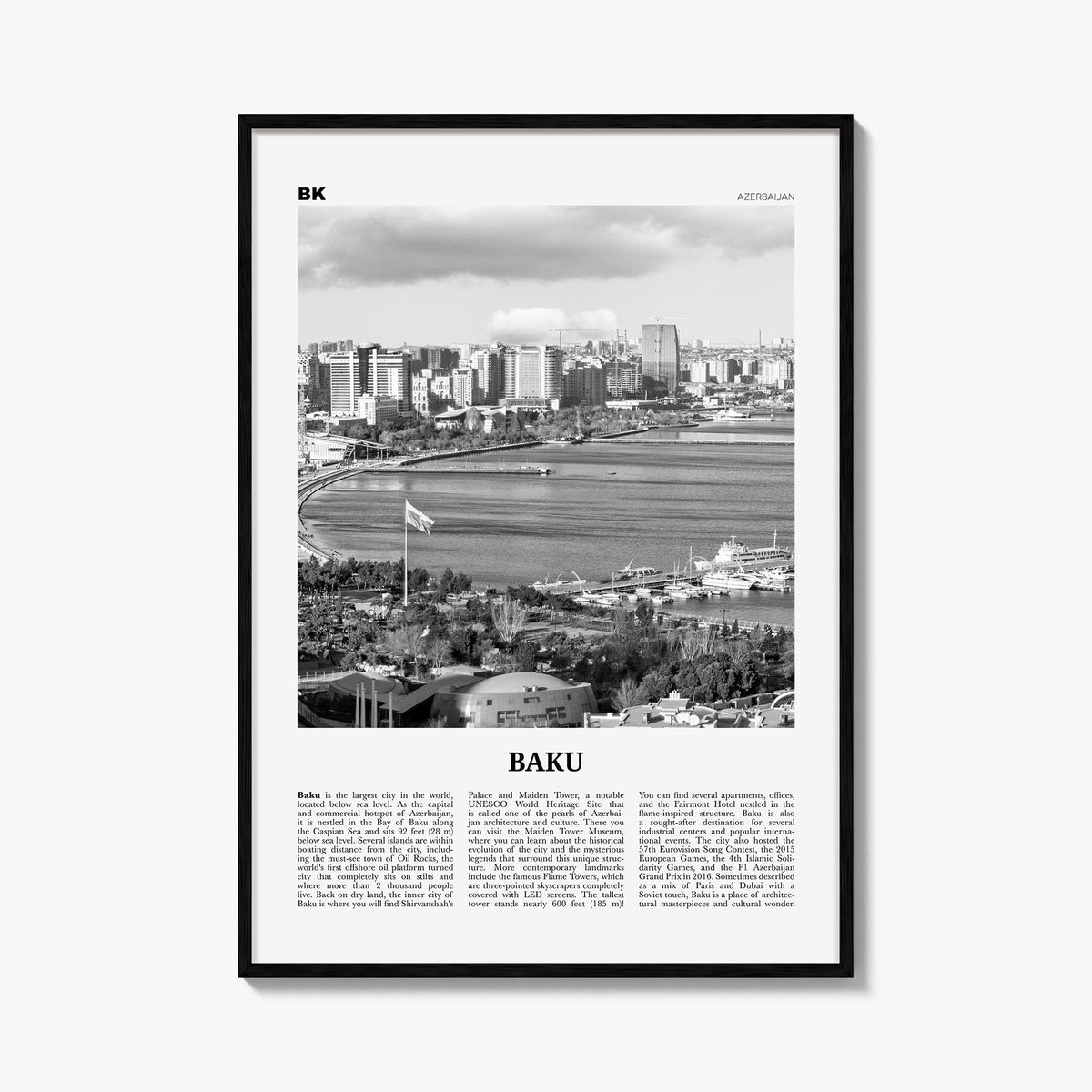 Baku black & white newspaper poster of Azerbaijan – vertical wall art, unframed print shown in interior mockup