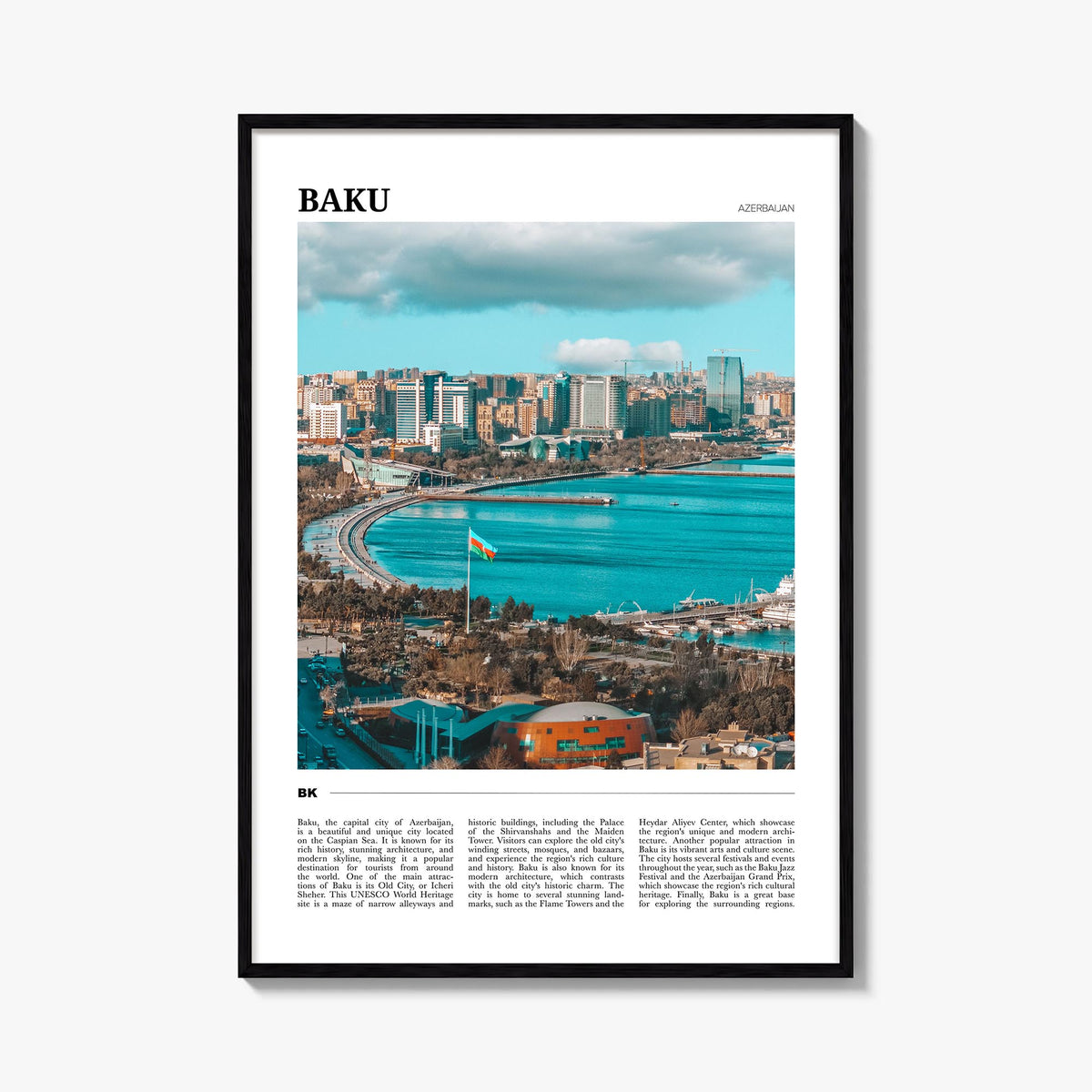 Baku colorful travel poster of Azerbaijan – vertical wall art, unframed print shown in interior mockup