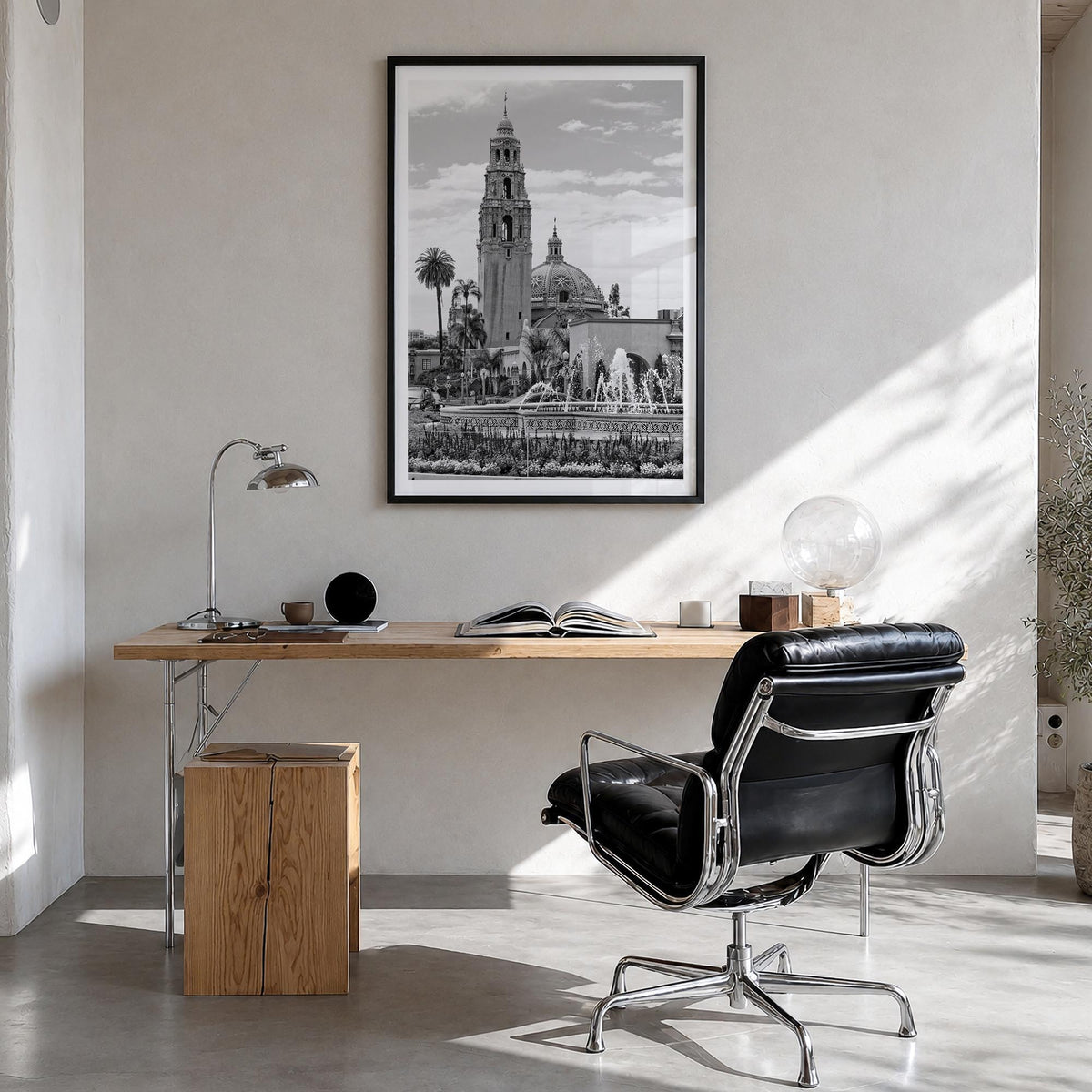 Balboa Park black & white photo poster of San Diego, California – vertical wall art in black wood frame with white border, ha