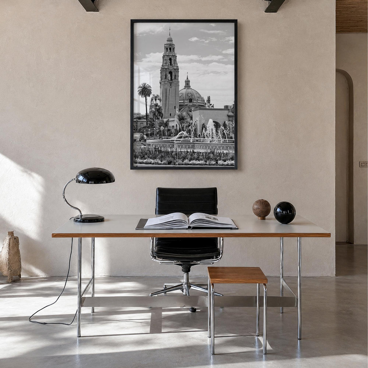 Balboa Park black & white photo poster of San Diego, California – vertical wall art in black wood frame, hanging on wall