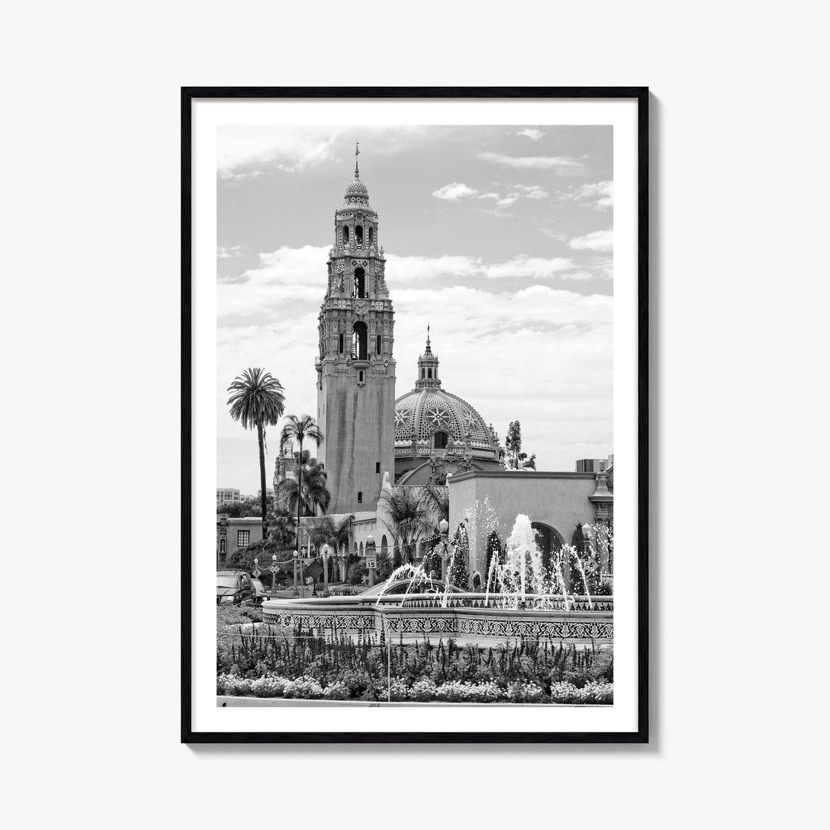 Balboa Park black & white photo poster of San Diego, California – vertical wall art, unframed print shown in interior mockup