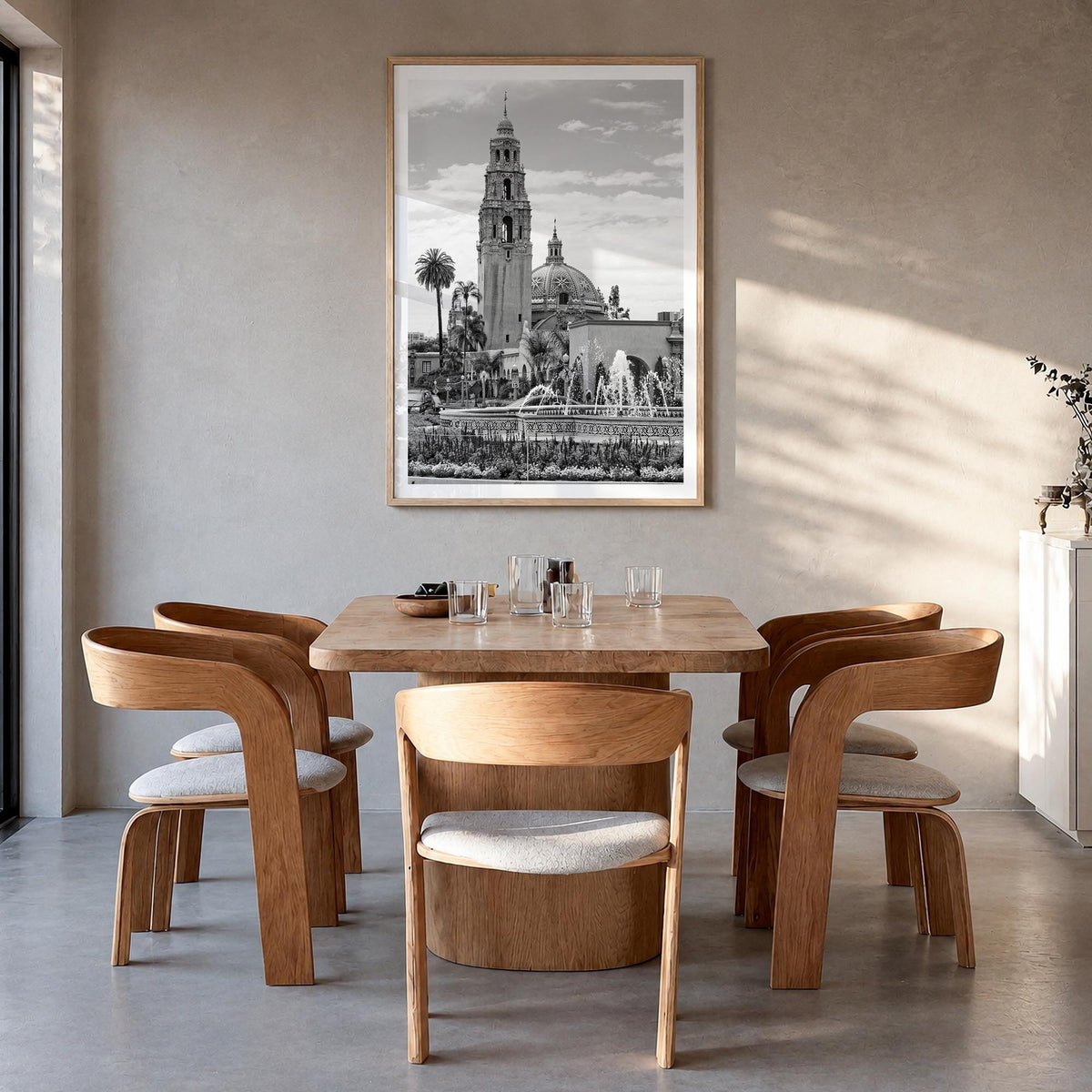 Balboa Park black & white photo poster of San Diego, California – vertical wall art in natural wood frame with white border,