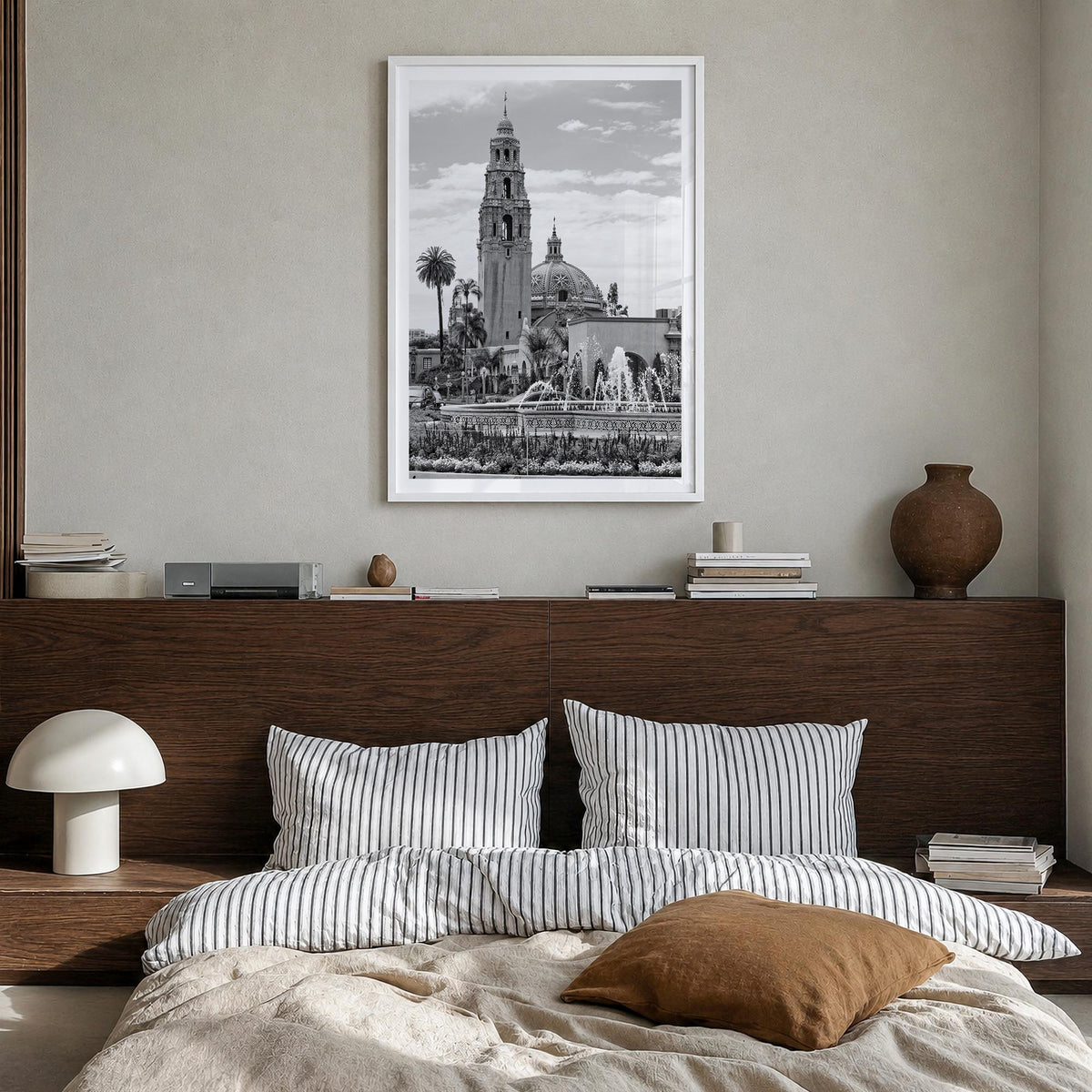 Balboa Park black & white photo poster of San Diego, California – vertical wall art in white wood frame with white border, ha