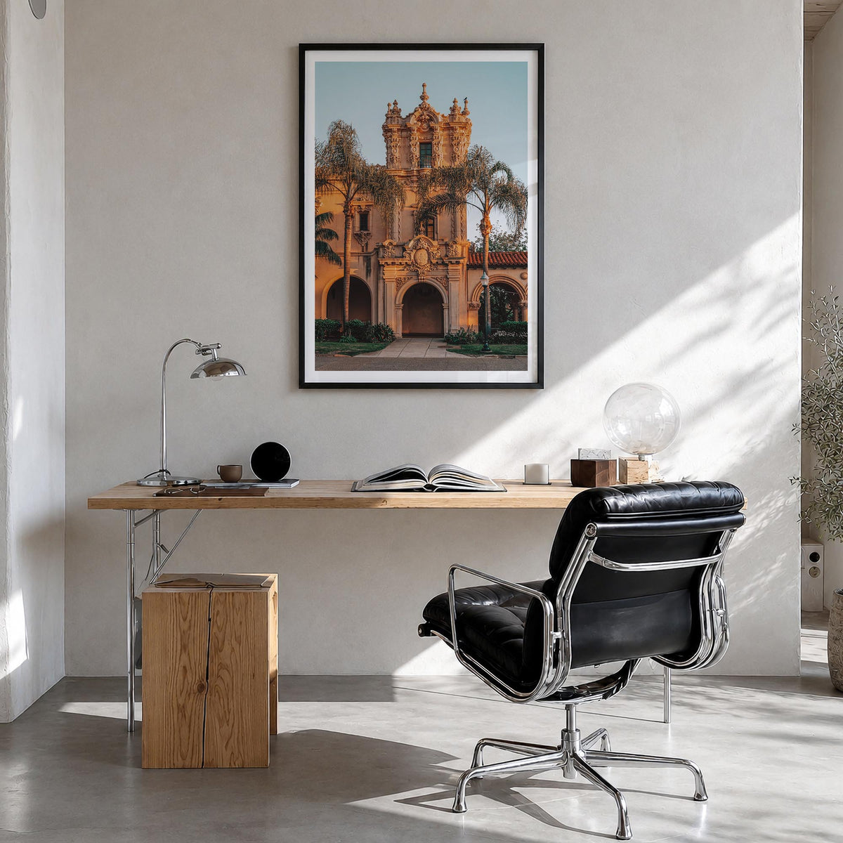 Balboa Park colorful photo poster of San Diego, California – vertical wall art in black wood frame with white border, hanging