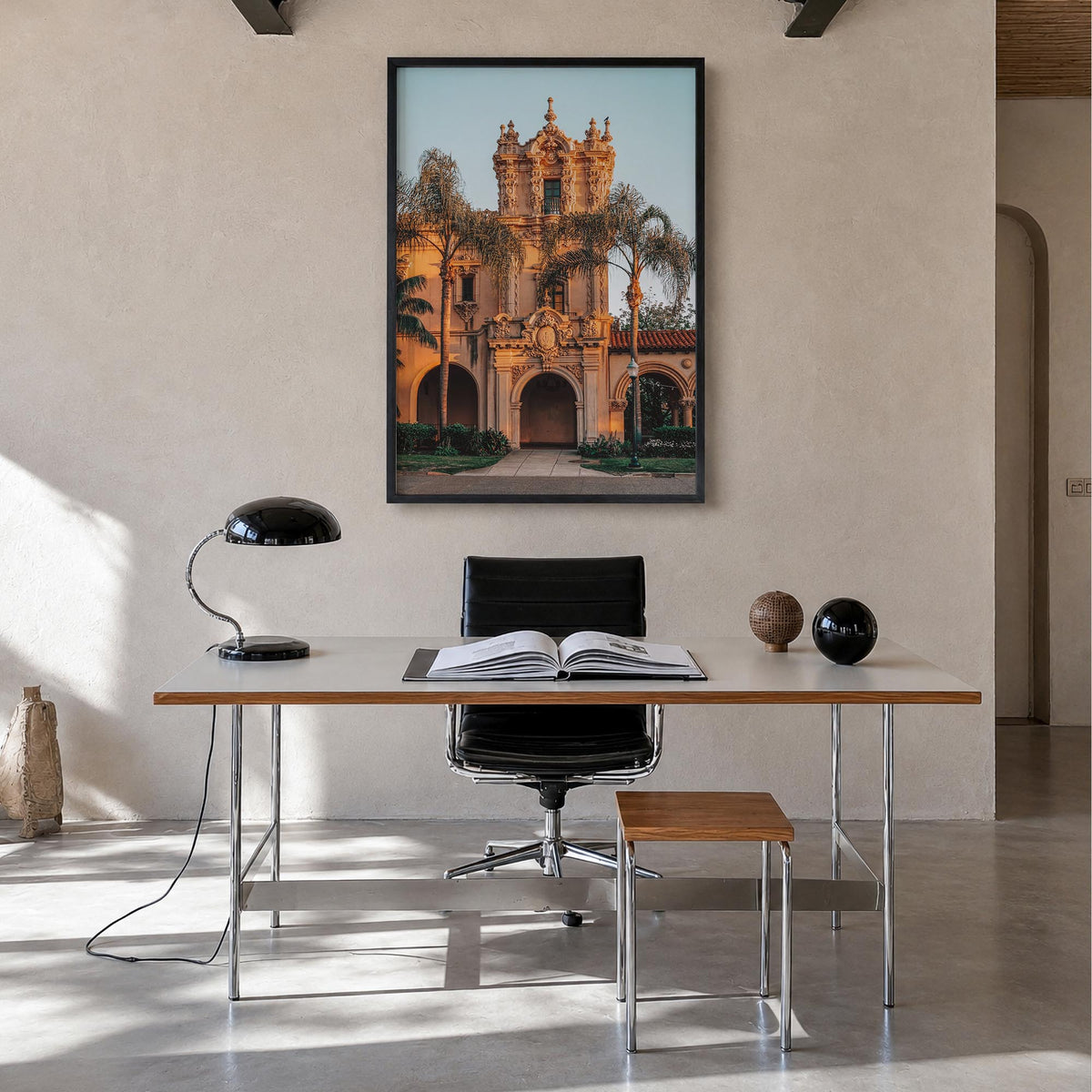 Balboa Park colorful photo poster of San Diego, California – vertical wall art in black wood frame, hanging on wall