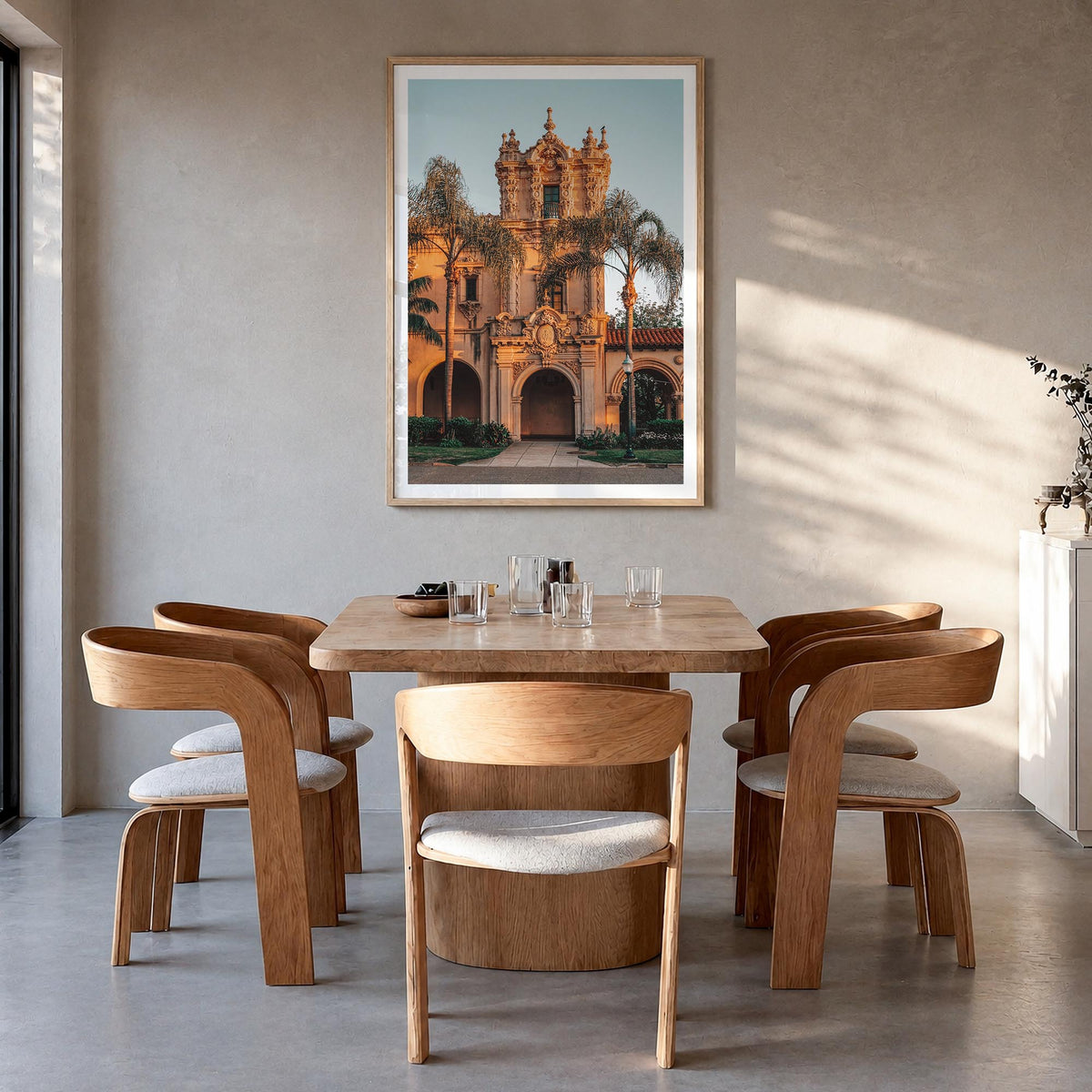 Balboa Park colorful photo poster of San Diego, California – vertical wall art in natural wood frame with white border, hangi