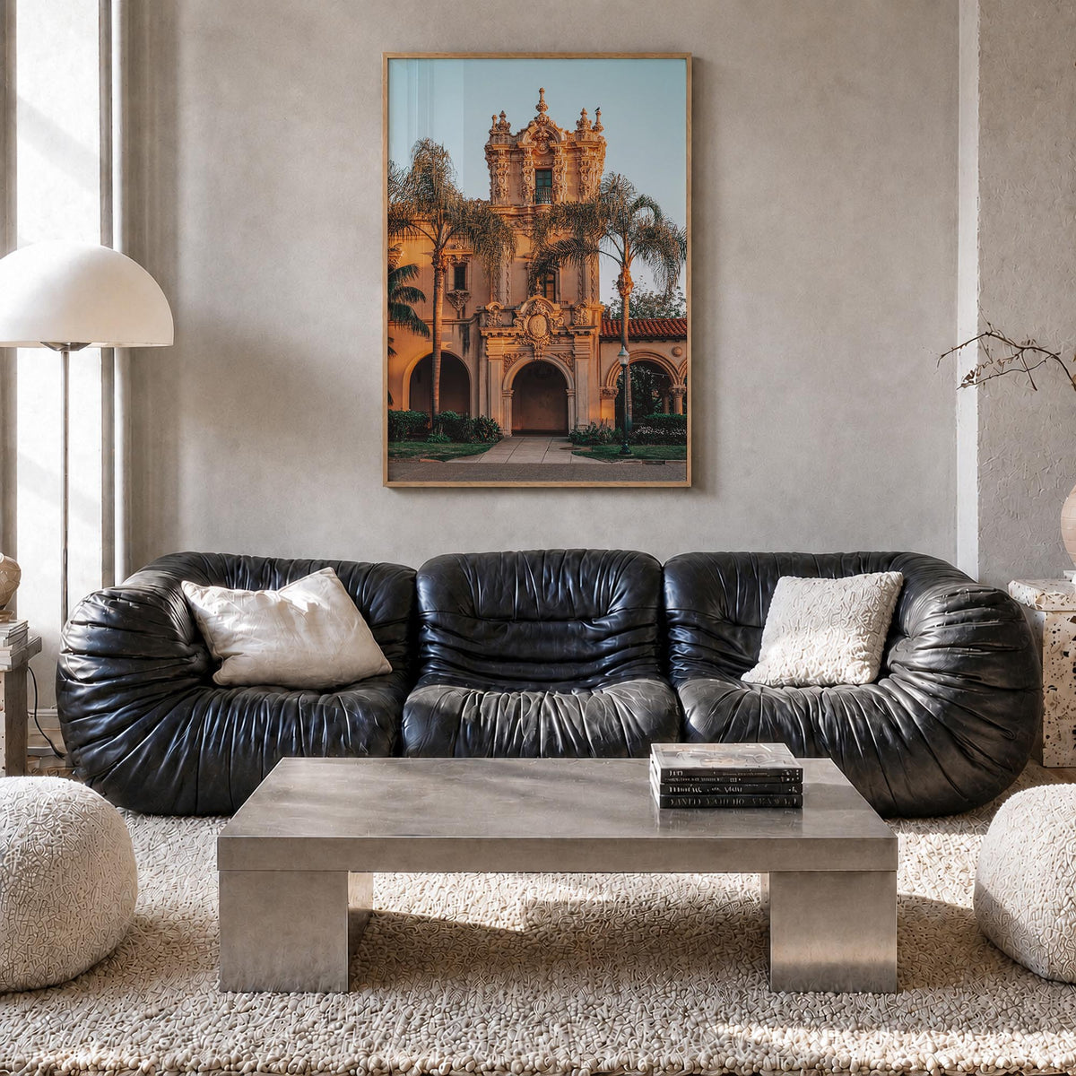 Balboa Park colorful photo poster of San Diego, California – vertical wall art in natural wood frame, hanging on wall