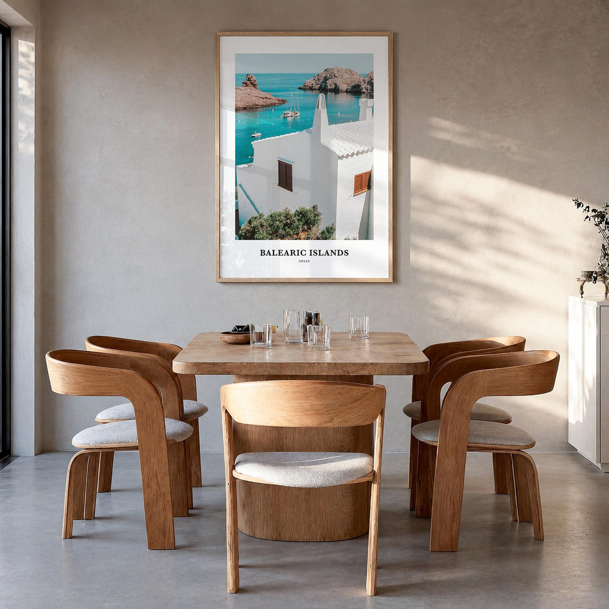 Balearic Islands colorful classic poster of Spain – vertical wall art in natural wood frame, hanging on wall
