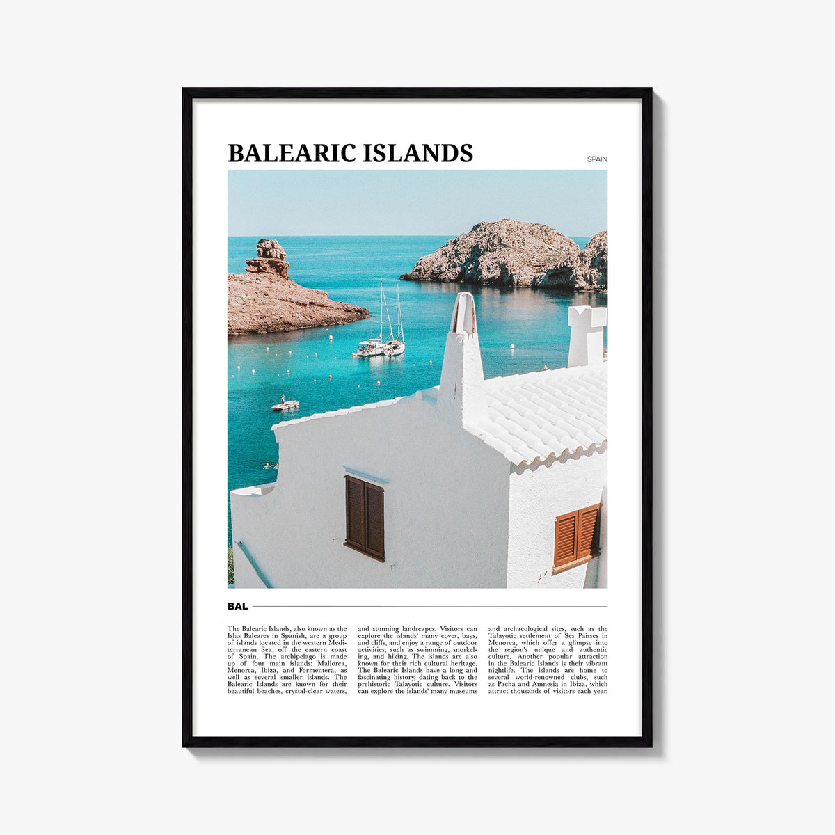 Balearic Islands colorful travel poster of Spain – vertical wall art, unframed print shown in interior mockup