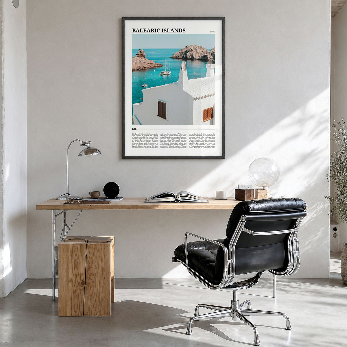 Balearic Islands Travel Poster in a black wood frame, hanging in a bright home office