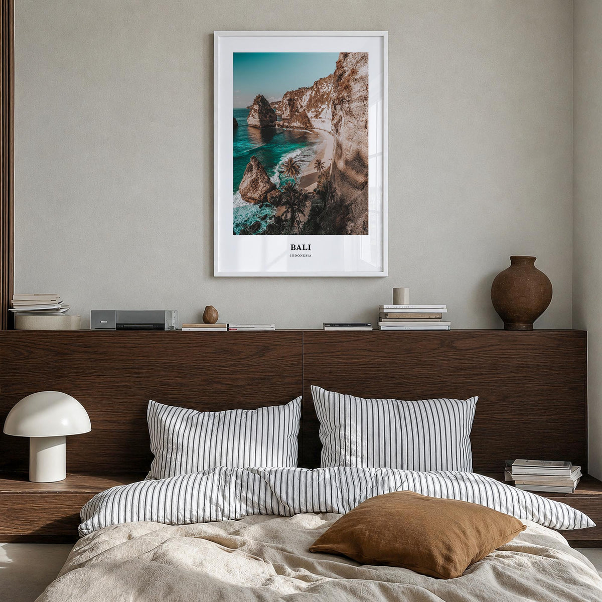 Bali colorful classic poster of Indonesia – vertical wall art in white wood frame, hanging on wall