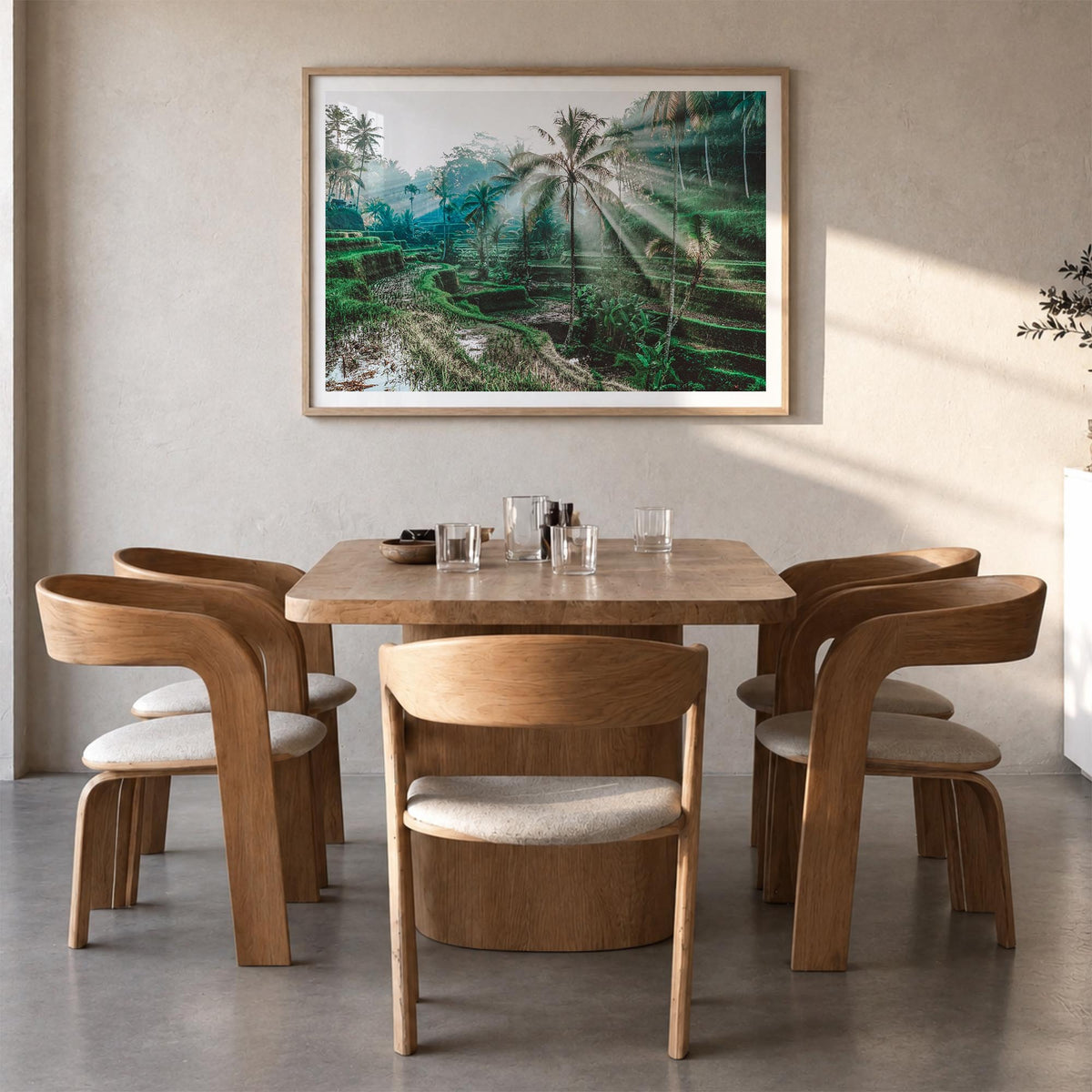 Bali colorful photo poster of Indonesia – horizontal wall art in natural wood frame with white border, hanging on wall