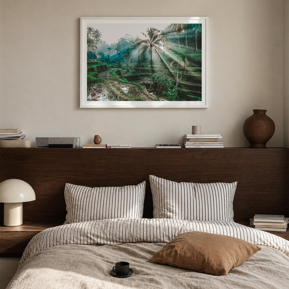 Bali colorful photo poster of Indonesia – horizontal wall art in white wood frame with white border, hanging on wall