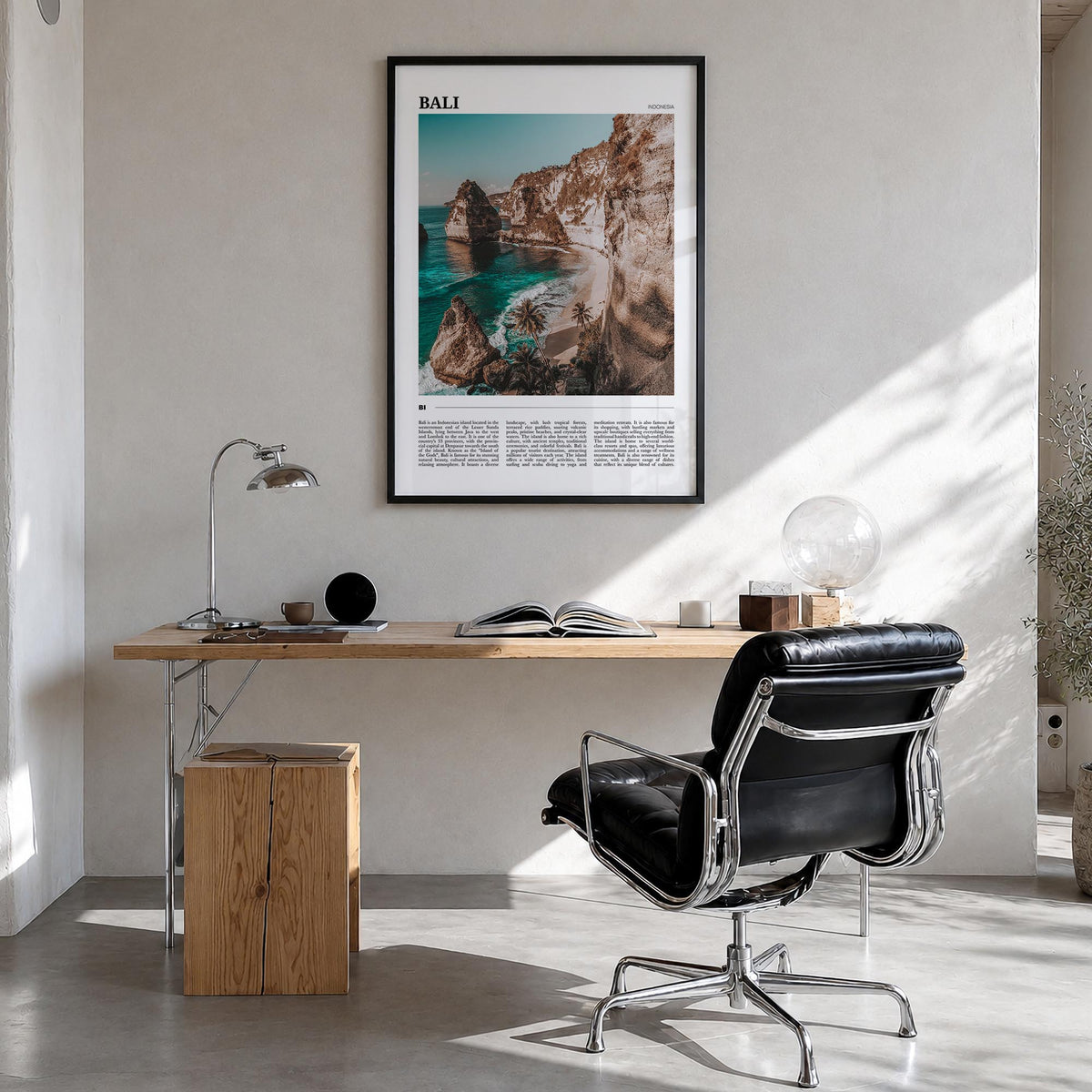 Bali colorful travel poster of Indonesia – vertical wall art in black wood frame, hanging on wall