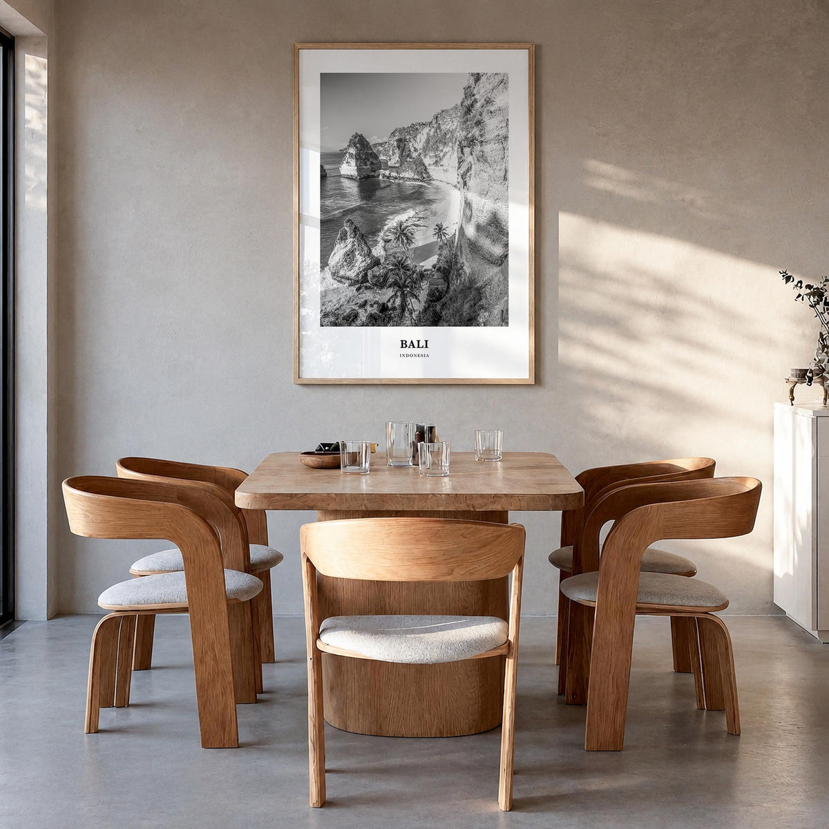 Bali no. 1 black & white classic poster of Indonesia – vertical wall art in natural wood frame, hanging on wall