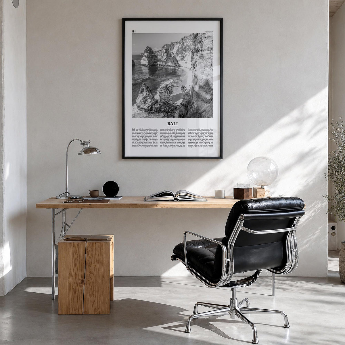 Bali no. 1 black & white newspaper poster of Indonesia – vertical wall art in black wood frame, hanging on wall