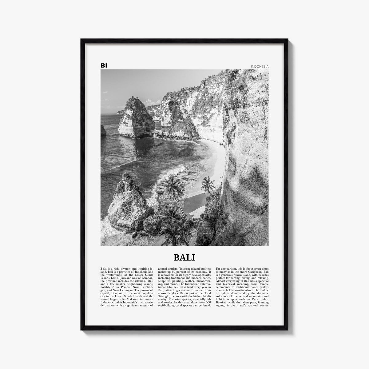 Bali no. 1 black & white newspaper poster of Indonesia – vertical wall art, unframed print shown in interior mockup