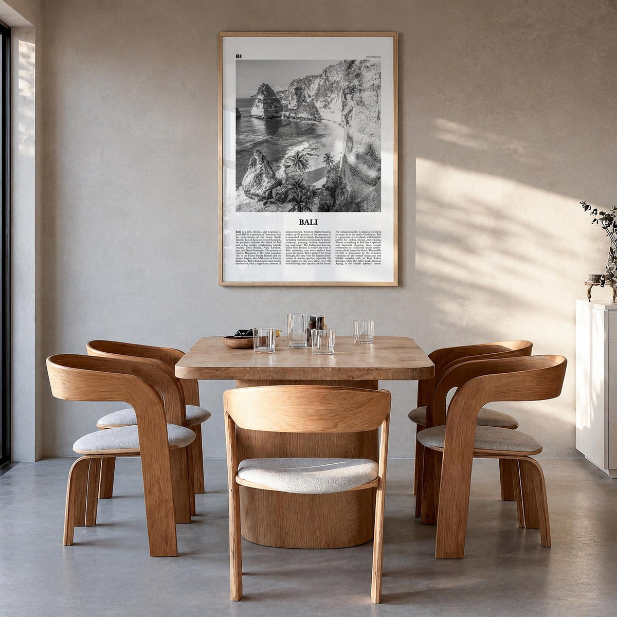 Bali no. 1 black & white newspaper poster of Indonesia – vertical wall art in natural wood frame, hanging on wall