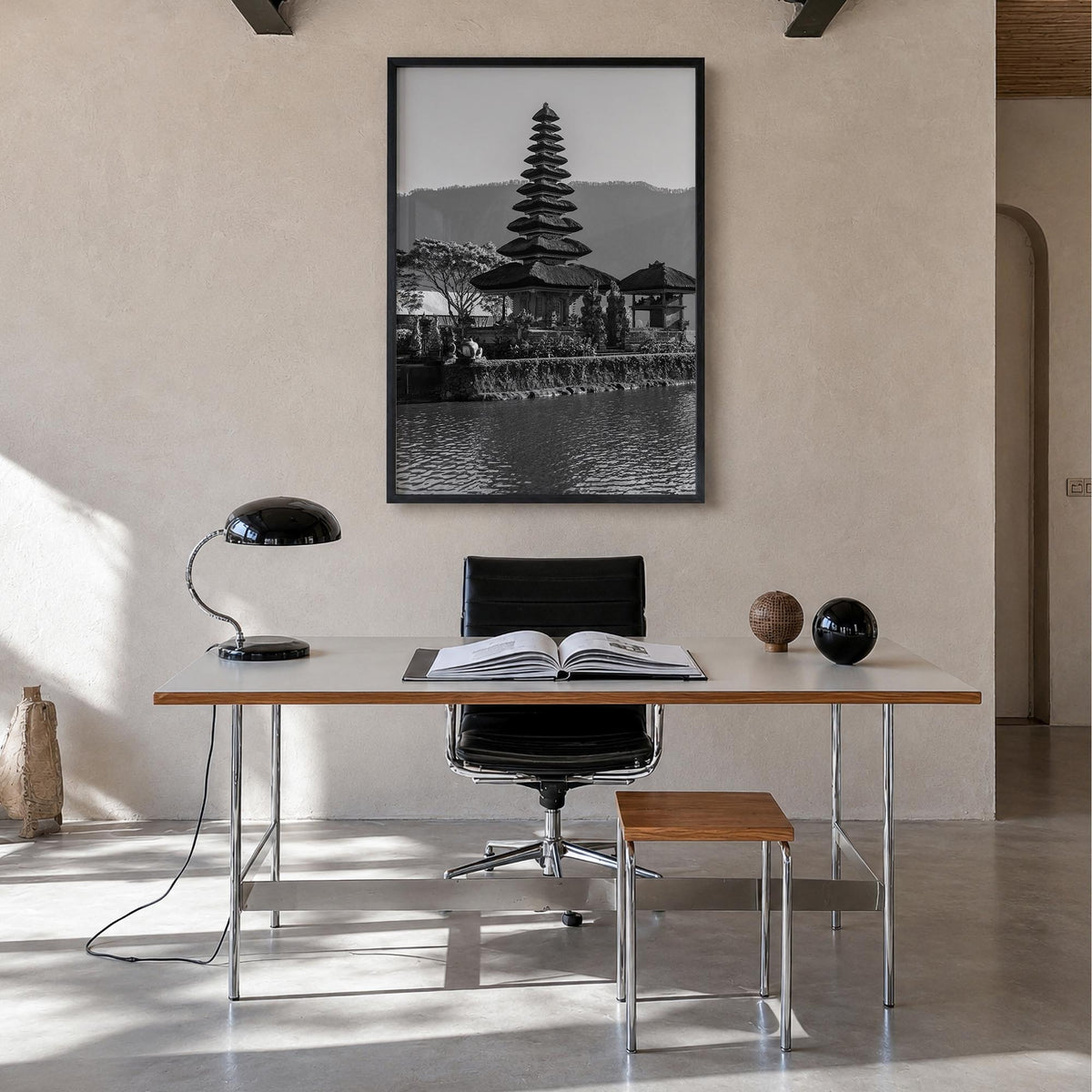 Bali no. 1 black & white photo poster of Indonesia – vertical wall art in black wood frame, hanging on wall