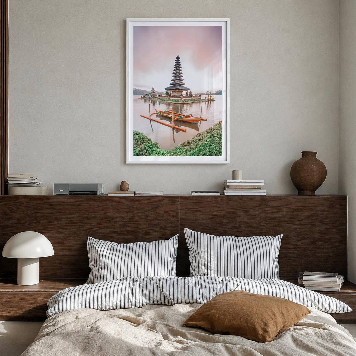 Bali no. 1 colorful photo poster of Indonesia – vertical wall art in white wood frame with white border, hanging on wall