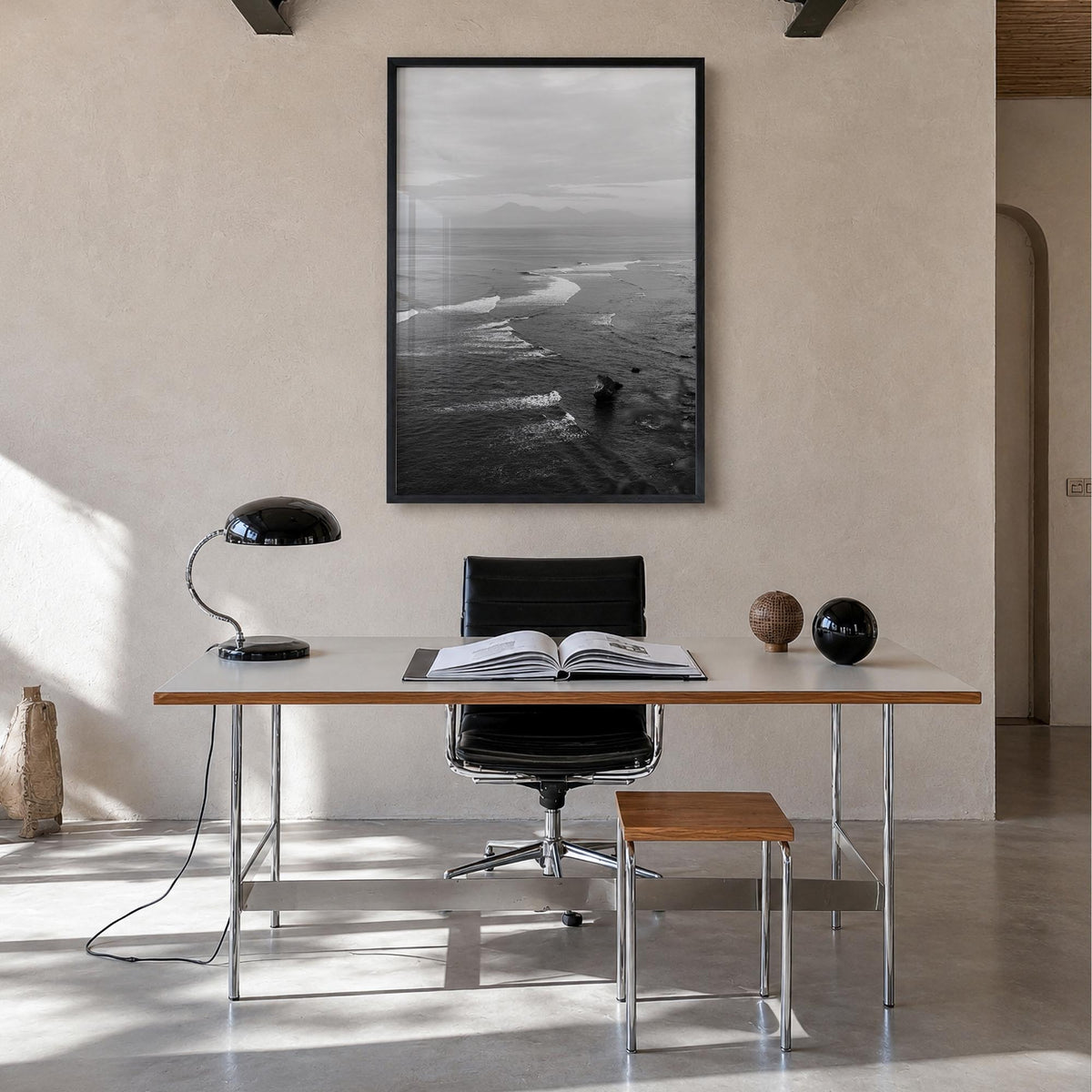 Bali no. 2 black & white photo poster of Indonesia – vertical wall art in black wood frame, hanging on wall